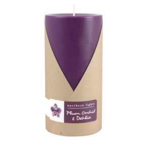 Northern Lights Plum Orchid & Daliah One Pillar Candle. 3x6 Inch - Burns 100 Hours