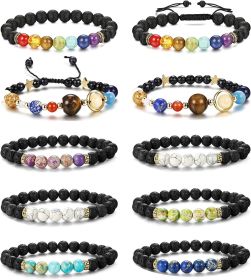 10 Pieces Lava Rock Chakra Bracelets Stress Relief Yoga Beads Aromatherapy Essential Oil Diffuser Elastic Bracelets for Women Men