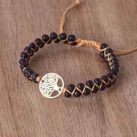 Bead Tree Charm Double String Braided Yoga Bracelet (Color: Volcanic Stone Gold)